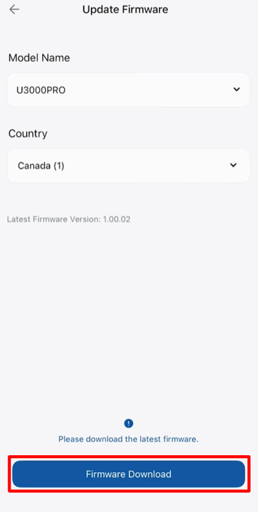 Firmware Download screen