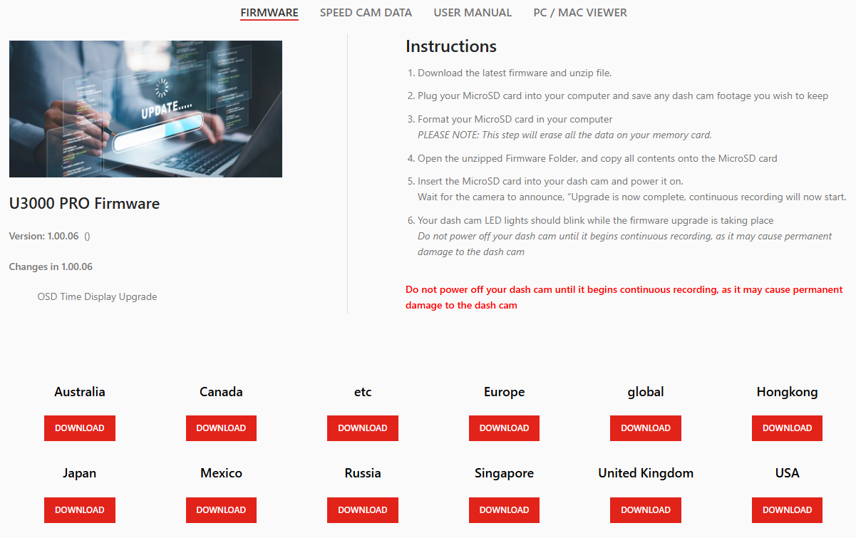 Selecting the country of the firmware file on the THINKWARE downloads page