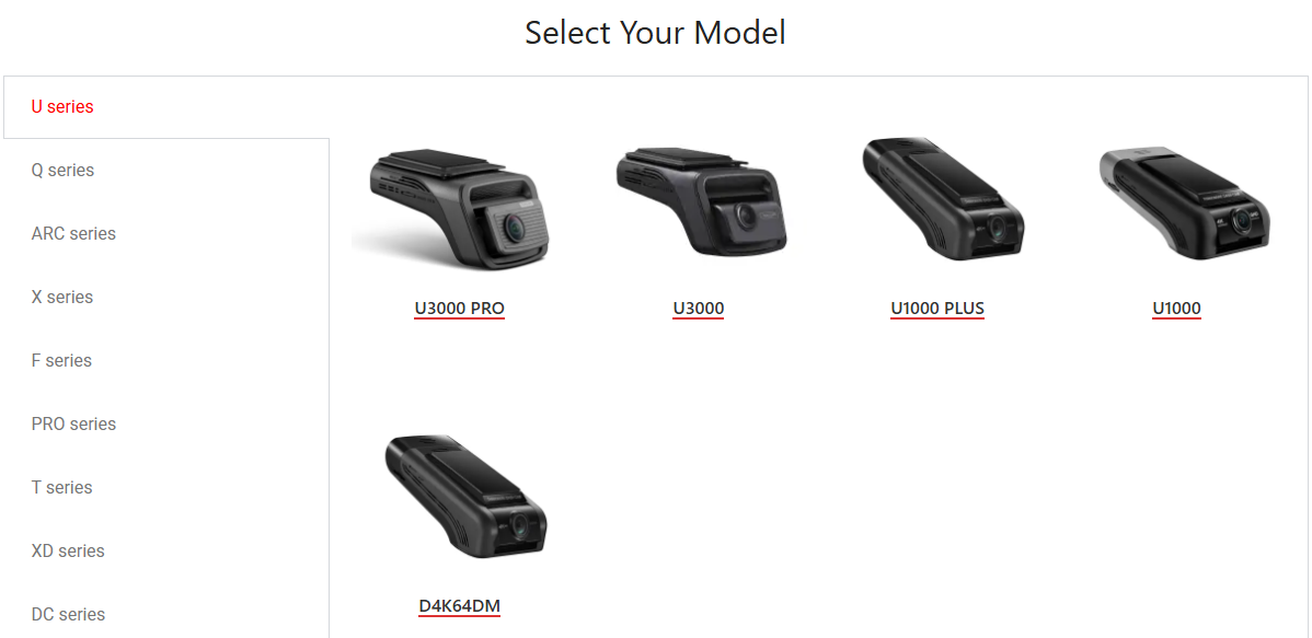 Selecting the matching dash cam model on the THINKWARE downloads page