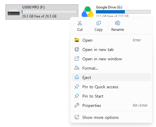 Windows microSD card Eject menu