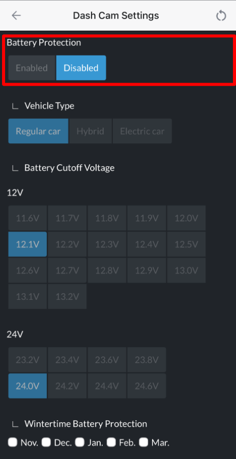  Dash cam battery protection setting turned off