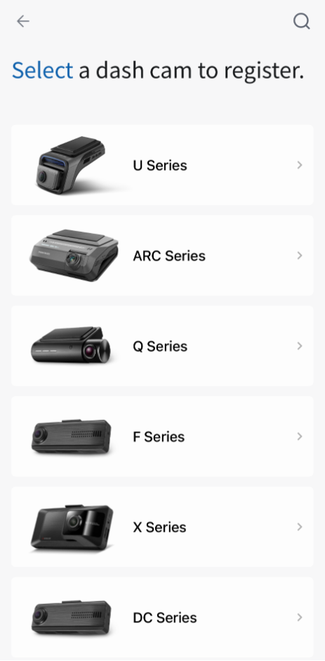 Selecting a dash cam model in the app]