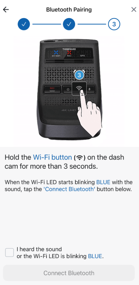 Dash cam Wi-Fi button used to begin Bluetooth pairing