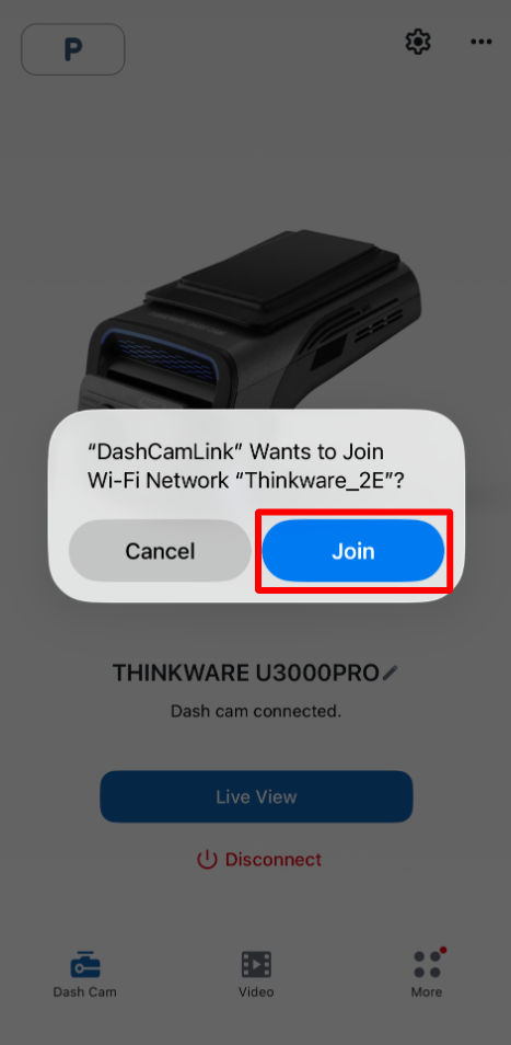 Wi-Fi connection prompt for the THINKWARE dash cam