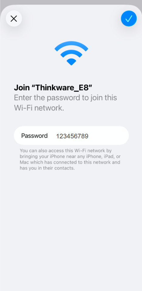 Connecting to the Thinkware dash cam Wi-Fi network with password 123456789