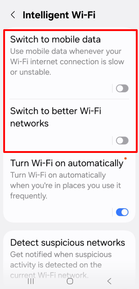 Android phone Intelligent Wi-Fi settings screen showing disabled Switch to Mobile Data toggle