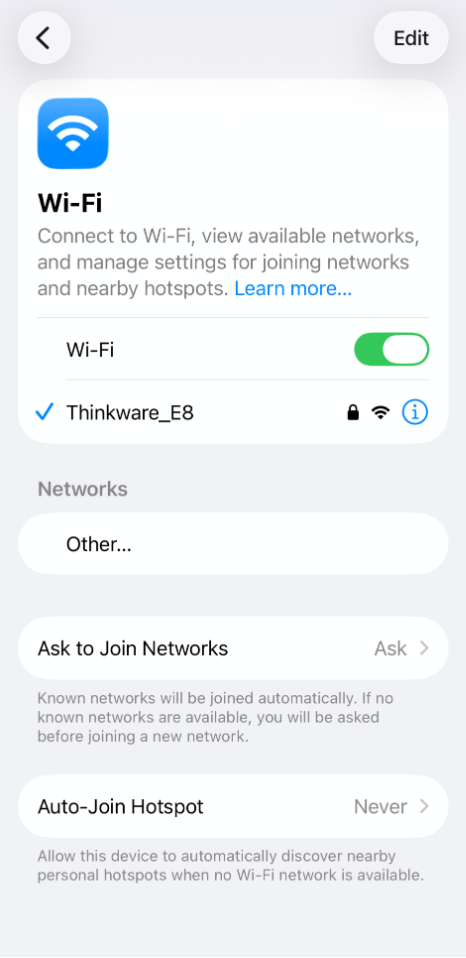 Successful connection to the Thinkware dash cam Wi-Fi network