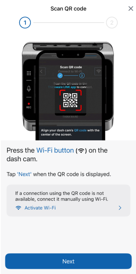 Scanning a dash cam QR code in the THINKWARE DASH CAM LINK app