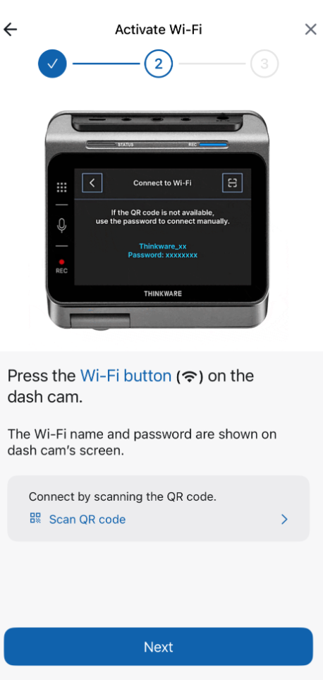 Wi-Fi network details shown on the dash cam screen