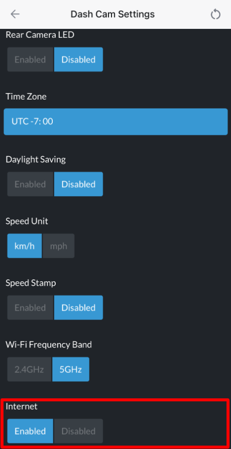 THINKWARE DASH CAM LINK app - Internet Setting - Enabled