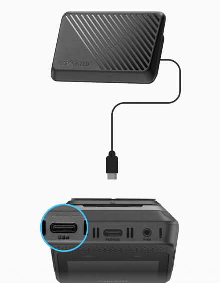 Cable connection at the LTE module and USB-C port on each of the three dash cams