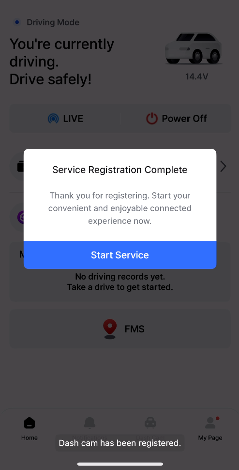 Successful LTE dash cam registration in the CONNECTED app