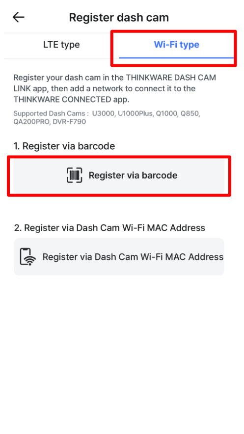 THINKWARE CONNECTED app - Register - Wi Fi Type