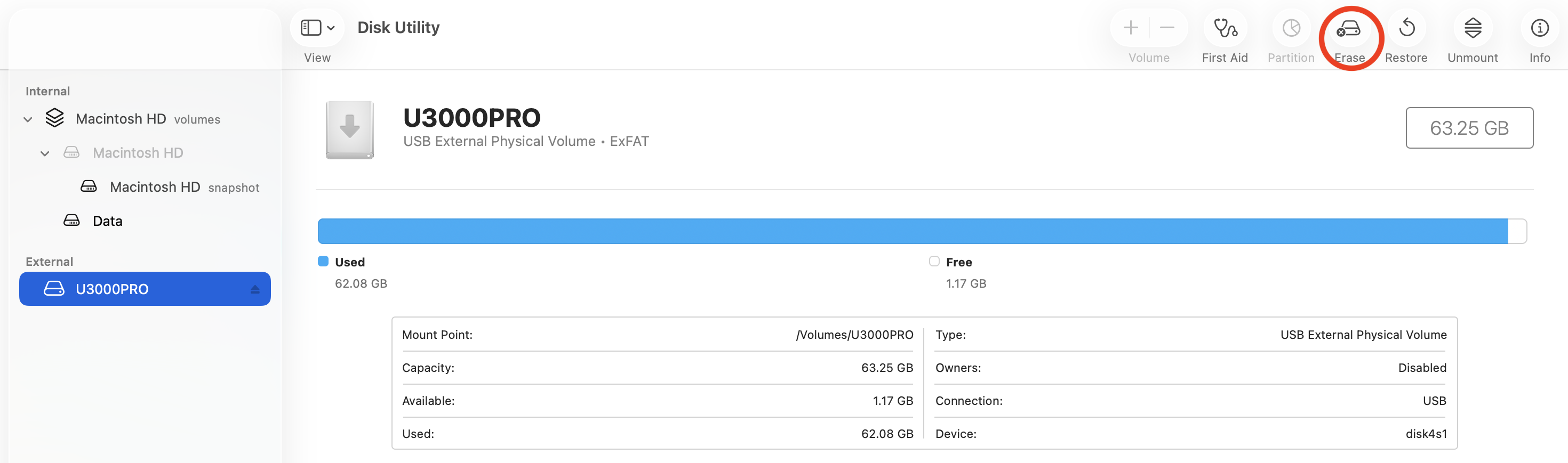 Disk Utility window with the U3000PRO external drive selected in the left sidebar