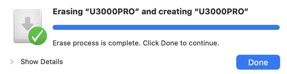 Disk Utility completed erase with Done highlighted