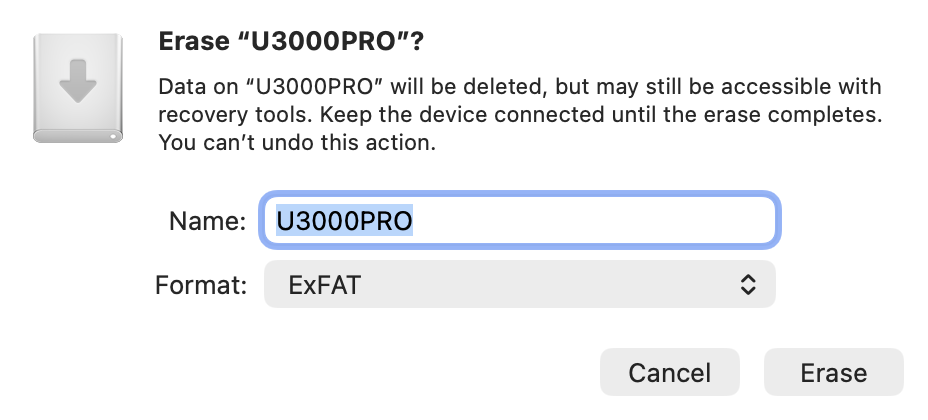 Disk Utility Format menu showing MS-DOS (FAT) and ExFAT