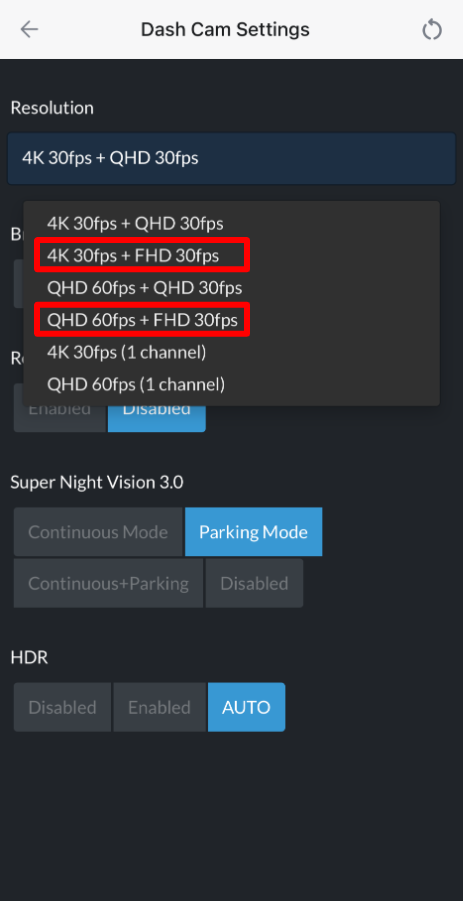 Dash Cam Settings - Resolution